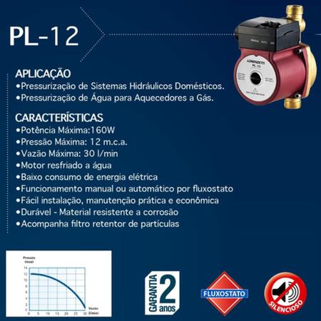 Imagem de Pressurizador De Água Pl12 Lorenzetti 220v Para Sistemas Hidráulicos 2 A 3 Pontos De Uso 12mca 160w