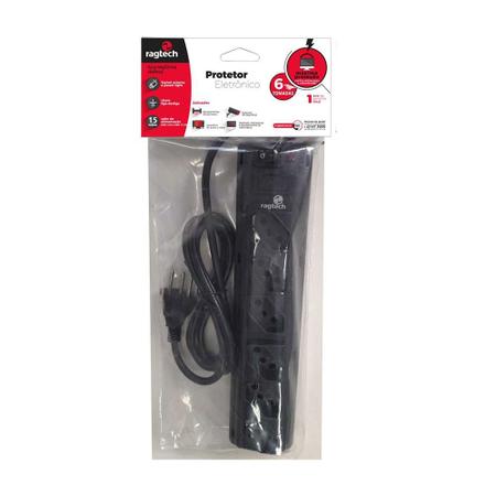 Protetor Eletrônico Ragtech, com 6 Tomadas, Cabo 1,5m, Bivolt, Preto - 2027 Imagem de Protetor Eletrônico Ragtech, com 6 Tomadas, Cabo 1,5m, Bivolt, Preto - 2027