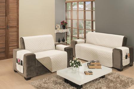 Imagem de Protetor para sofá padrão de 2 e 3 lugares em dupla face impermeável com acabamento em viés e matelado com porta objetos largura dos assentos de 1,10m