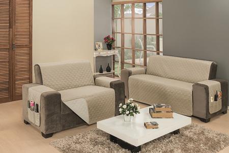 Imagem de Protetor para sofá padrão de 2 e 3 lugares em dupla face impermeável com acabamento em viés e matelado com porta objetos largura dos assentos de 1,10m