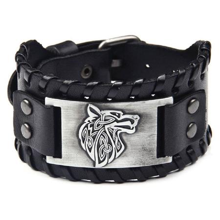 Imagem de Pulseira Bracelete de Couro Trançado Lobo Viking Masculino Preto