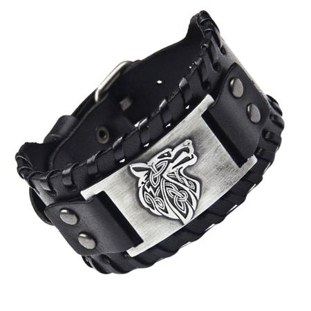 Imagem de Pulseira Bracelete de Couro Trançado Lobo Viking Masculino Preto