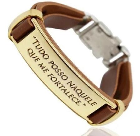 Imagem de Pulseira Bracelete Masculino Feminino material sintético Caramelo Ajustável com Placa Aço Inox Tudo Posso