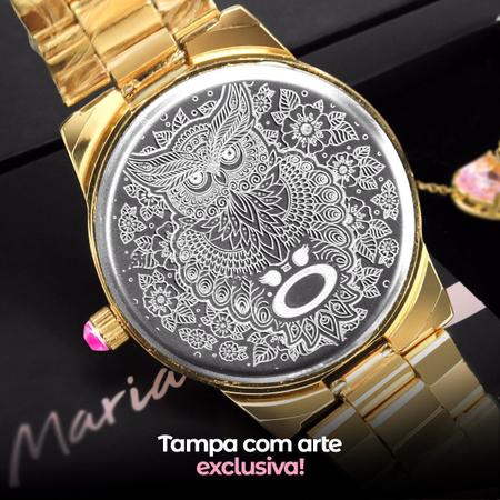 Imagem de Pulseira + colar coração + relogio feminino dourado strass