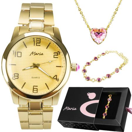 Imagem de Pulseira + colar coração + relogio feminino dourado strass