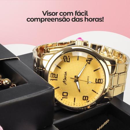 Imagem de Pulseira + colar coração + relogio feminino dourado strass