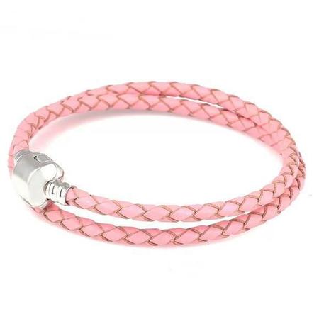 Imagem de Pulseira De Couro Duas Voltas Rosa Fecho Em Banho Prata