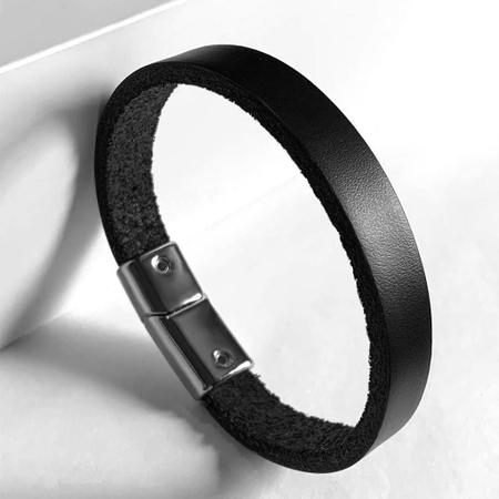 Pulseira Masculina Bracelete Couro Preto Palheta Prateada