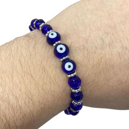 Imagem de Pulseira De Cristal Com 3 Pingentes Olho Grego Azul Prateada