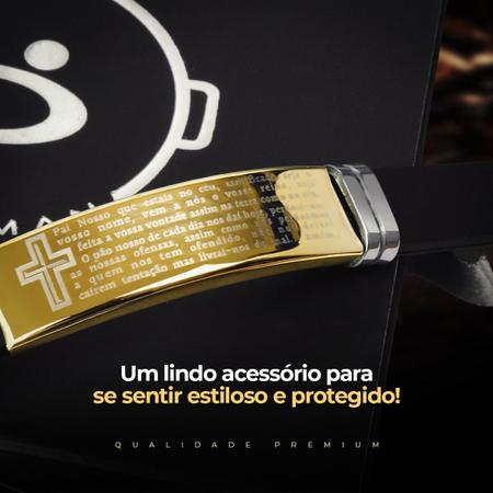 Imagem de Pulseira masculina ouro pai nosso banhada aço placa + caixa oração do pai nosso dourado presente