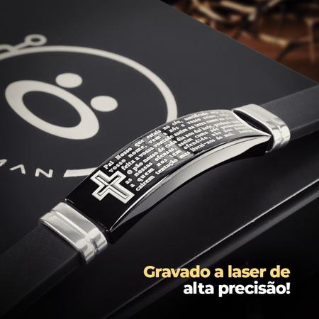 Imagem de Pulseira masculina pai nosso aço inox preta placa + caixa