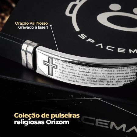 Imagem de Pulseira masculina placa prata aço inox pai nosso + caixa prata silicone original casual ajustavel