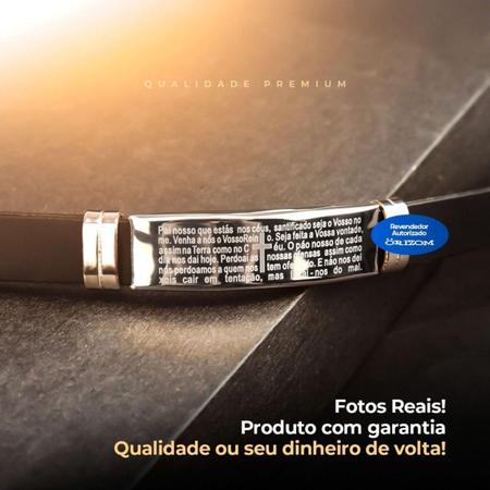 Imagem de Pulseira Prata Silicone Masculina Pai Nosso Placa Aço Inox