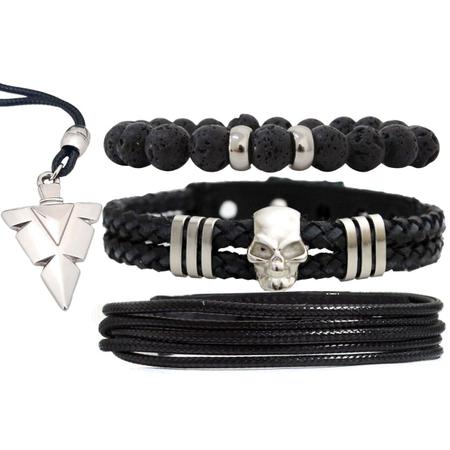 Imagem de Pulseiras Masculinas Couro Caveira Prata Kit C / 03 + Colar Ponta de Flecha