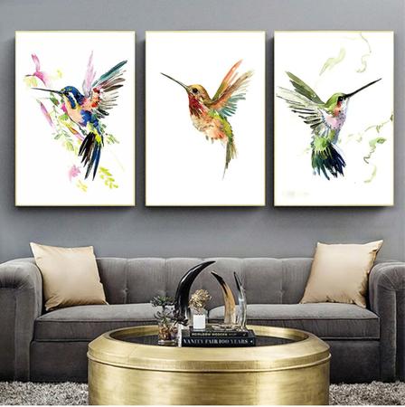 Imagem de Quadro 3 peças decoração beija flor coloridos aves abstratas