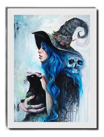 Imagem de Quadro Arte Bruxa De Cabelo Azul & Gato Preto Moldura Branca