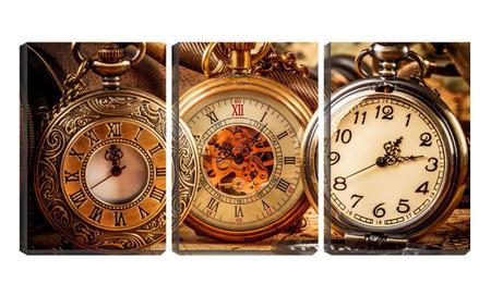 Imagem de Quadro canvas 45x96 três relógios antigos