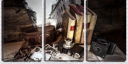 Quadro canvas 68x126 livros e fotografias vintage - Crie Life Imagem de Quadro canvas 68x126 livros e fotografias vintage