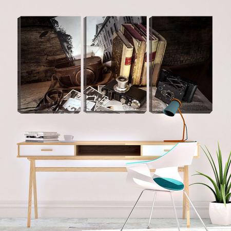 Quadro canvas 68x126 livros e fotografias vintage - Crie Life Imagem de Quadro canvas 68x126 livros e fotografias vintage