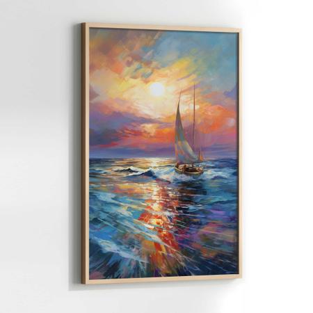 Imagem de Quadro com Moldura 130x90 Pintura Mar Por do Sol Barco Vertical Decorativo Grande Sala Quarto Hall