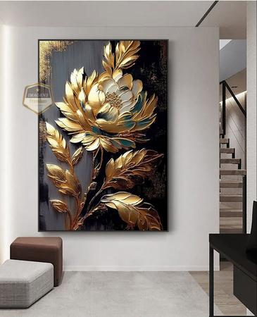 Imagem de Quadro Com Moldura Decorativo Grande Alta Resolução Para Sala Quarto   Escritório  Flor Luxuosa Detalhes Dourado