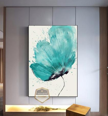 Imagem de Quadro Com Moldura Decorativo Grande Alta Resolução Para Sala Quarto   Escritório Floral Azul Claro Respingo Aquarela 