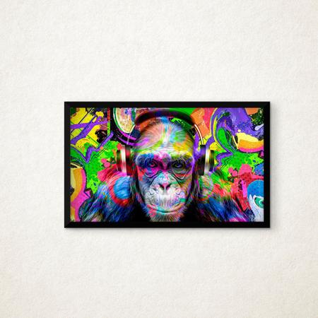 Imagem de Quadro Com Vidro Macaco Grafite Colorido Fones Música Quarto Sala Escritório