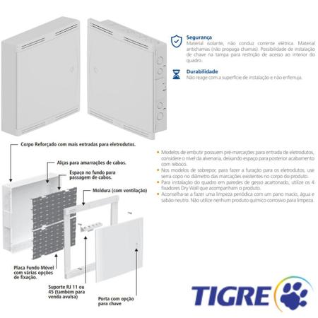 Imagem de Quadro De Sistema VDI Embutir Parede PVC Branco Para Cabos E Fios Telefone TVs Rede 40x40cm Tigre