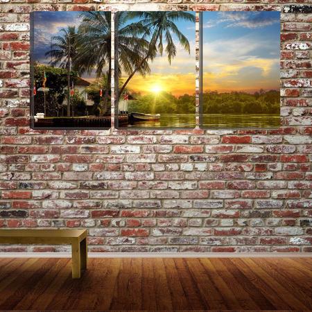 Imagem de Quadro Decorativo 30x66 lago e coqueiro pôr do sol