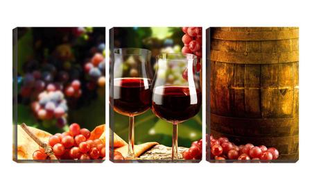 Imagem de Quadro Decorativo 45x96 barril antigo na mesa e vinho
