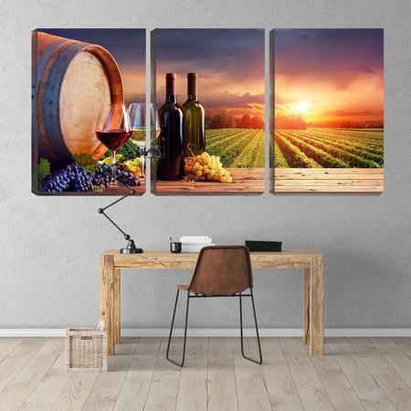 Imagem de Quadro Decorativo 55x110 vinho barril e pôr do sol