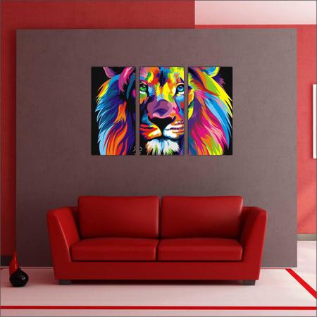 Imagem de Quadro Decorativo Abstrato Leão Colorido Salas 3 peças Com Moldura