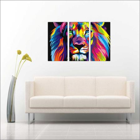 Imagem de Quadro Decorativo Abstrato Leão Colorido Salas 3 peças Com Moldura