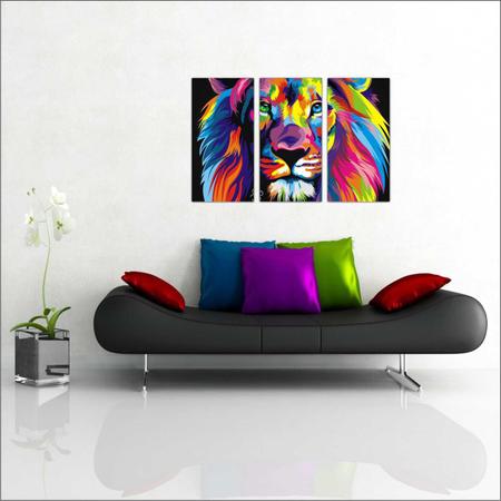 Imagem de Quadro Decorativo Abstrato Leão Colorido Salas 3 peças Com Moldura