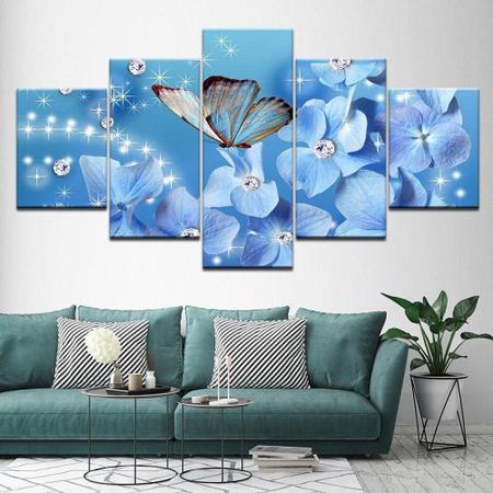 quadro decorativo borboleta flores azul sala 5 peças - LERON Imagem de quadro decorativo borboleta flores azul sala 5 peças