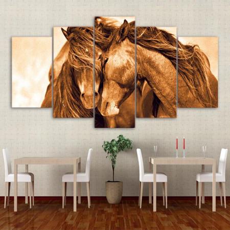 quadro decorativo cavalo marrom juntos sala 5 peças - LERON Imagem de quadro decorativo cavalo marrom juntos sala 5 peças