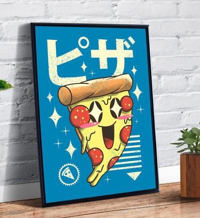 Quadro Decorativo Emoldurado Pizza Kawaii Desenho Japones Fofo