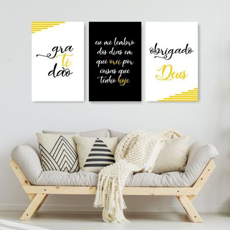 Quadro Decorativo Frases Gratidão Amarelo 3P Sem Moldura 115x57 Sala Quarto - Império dos Quadros Imagem de Quadro Decorativo Frases Gratidão Amarelo 3P Sem Moldura 115x57 Sala Quarto
