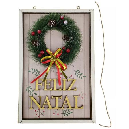 Imagem de Quadro Decorativo Guirlanda Feliz Natal Natalino Porta Parede Enfeite Pendurar Com Bolinha Casa Predio