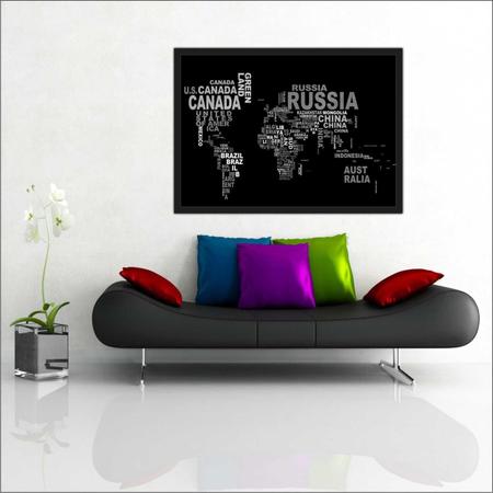 Imagem de Quadro Decorativo Mapa Mundo Moderno Preto e Branco Salas Quartos Decorações Com Moldura