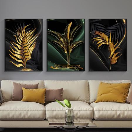 Quadro decorativo mosaico 3 peças folhas Douradas de plantas, dourada, arte abstrata, - NEYRAD Imagem de Quadro decorativo mosaico 3 peças folhas Douradas de plantas, dourada, arte abstrata,