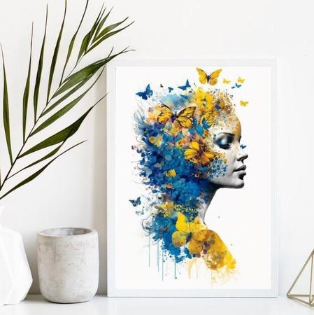 Imagem de Quadro Decorativo Mulher Borboletas ul e Amarelo 24x18cm - Vidro e Moldura Branca
