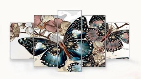 Quadro decorativo paisagem borboleta flores sala 5 peças - Leron Imagem de Quadro decorativo paisagem borboleta flores sala 5 peças