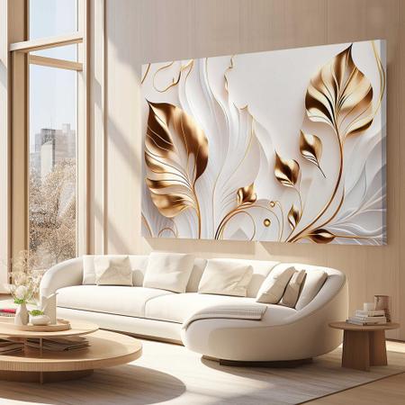 Imagem de Quadro Decorativo para Quarto Sala Dourado Flores Branca Floral Arte Grande Escritório Hall Cozinha Corredor 