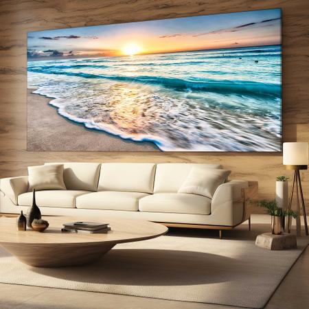 Imagem de Quadro Decorativo para Sala Quarto Hall Paisagem Praia Nascer Sol Horizontal Grande Decoração Parede Tela