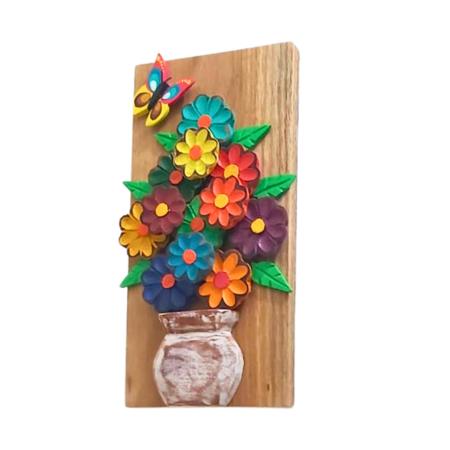 Imagem de Quadro Decorativo para Sala Varanda Rústico em Madeira Flores e Borboleta Artesanato Mineiro