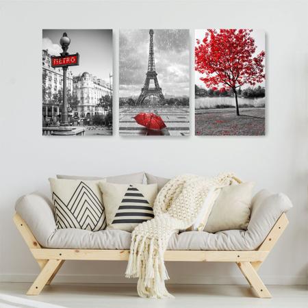 Quadro Decorativo Paris Preto e Vermelho 3P Sem Moldura 115x57 Sala Quarto - Império dos Quadros Imagem de Quadro Decorativo Paris Preto e Vermelho 3P Sem Moldura 115x57 Sala Quarto