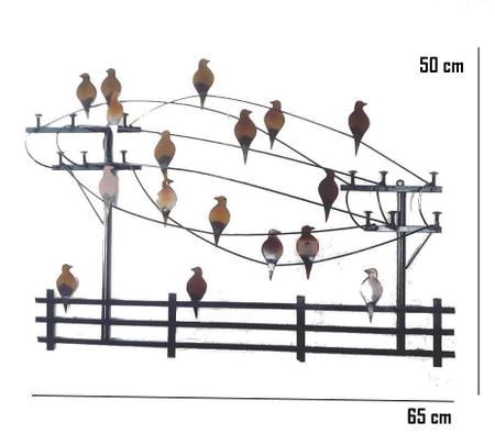 Imagem de Quadro Decorativo Pássaros postes paisagem Metal Ferro Parede Artesanal verniz sala de estar baranda sacada parede