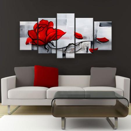 Quadro Decorativo Pintura Rosa Vermelha 129x61 5pc Sala - Império dos Quadros Imagem de Quadro Decorativo Pintura Rosa Vermelha 129x61 5pc Sala