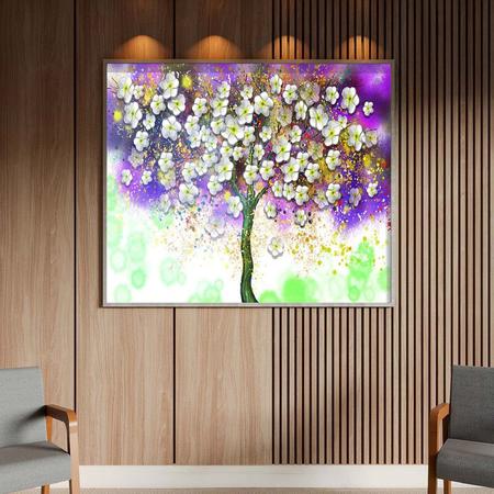 Imagem de  Quadro Decorativo Tela Canvas Folhas e Flores Florescer Roxo Com Moldura e Vidro Prata - 90x60 cm